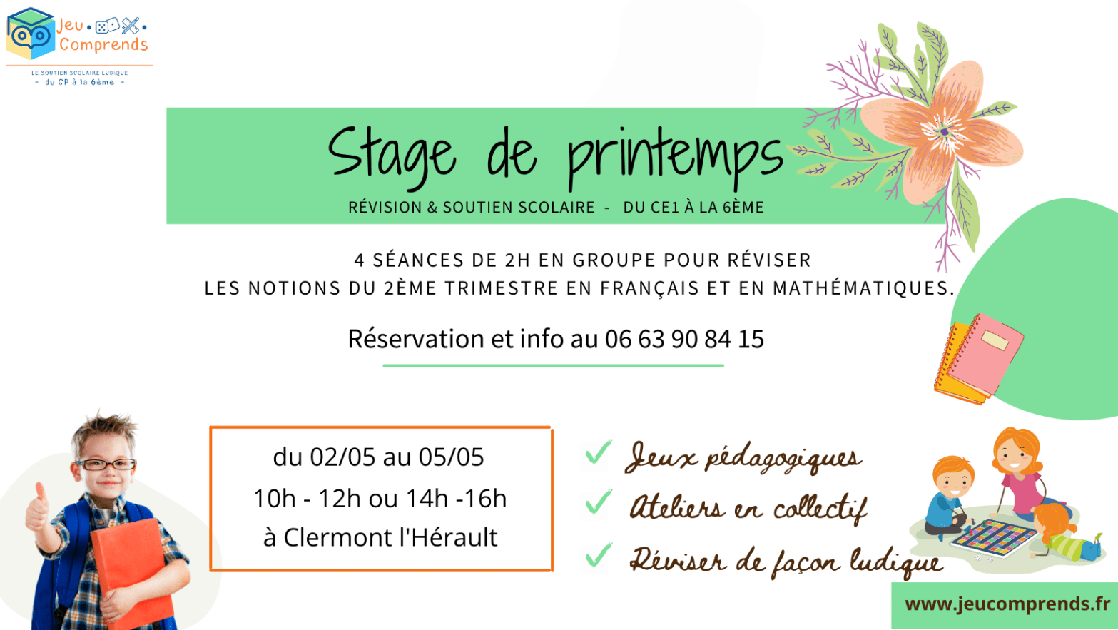 Stage de Printemps Facebook et site Stage de Printemps révision soutien scolaire Clermont l'Héraultweb (Couverture Facebook)